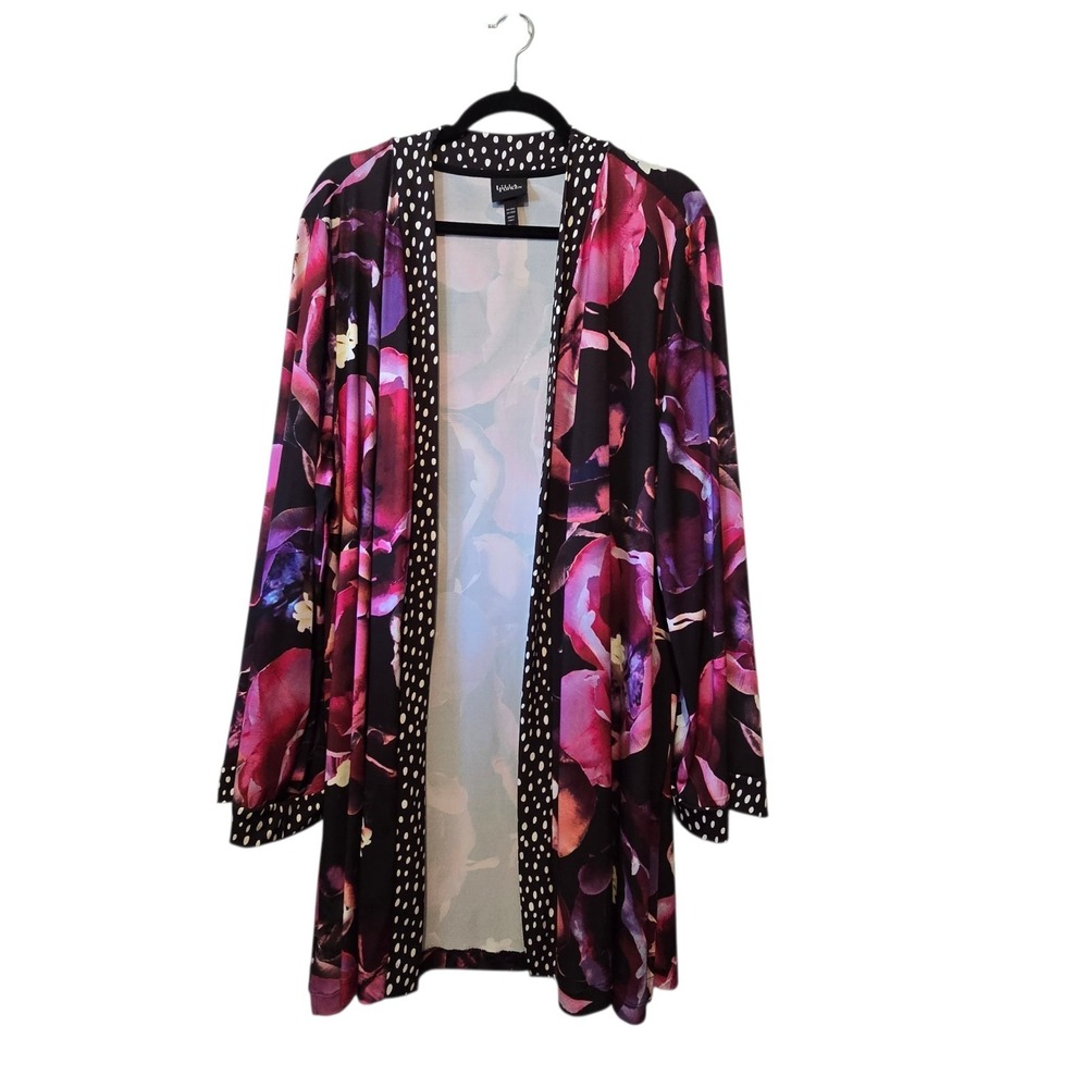 Ulla Popken Floral Open Cardigan Kimono Women's 20/22 Pink Black Flowy Stretch